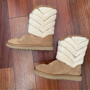 UGG Tania Boots Sz 7 Suede Sheepskin Fur Chestnut Mid Calf Great p/o Condition